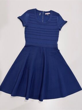 REBECCA TAYLOR Sz M Blue NWOT Runway KNIT DRESS Fit Flare Scoop Neck S/S To Knee